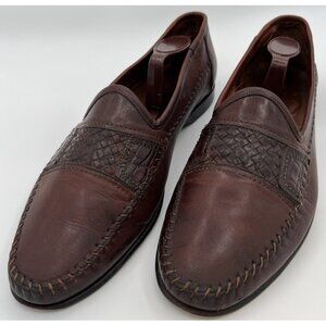 Santoni Italy Handwoven Stitched Brown Leather Penny Loafers Men Size 9D